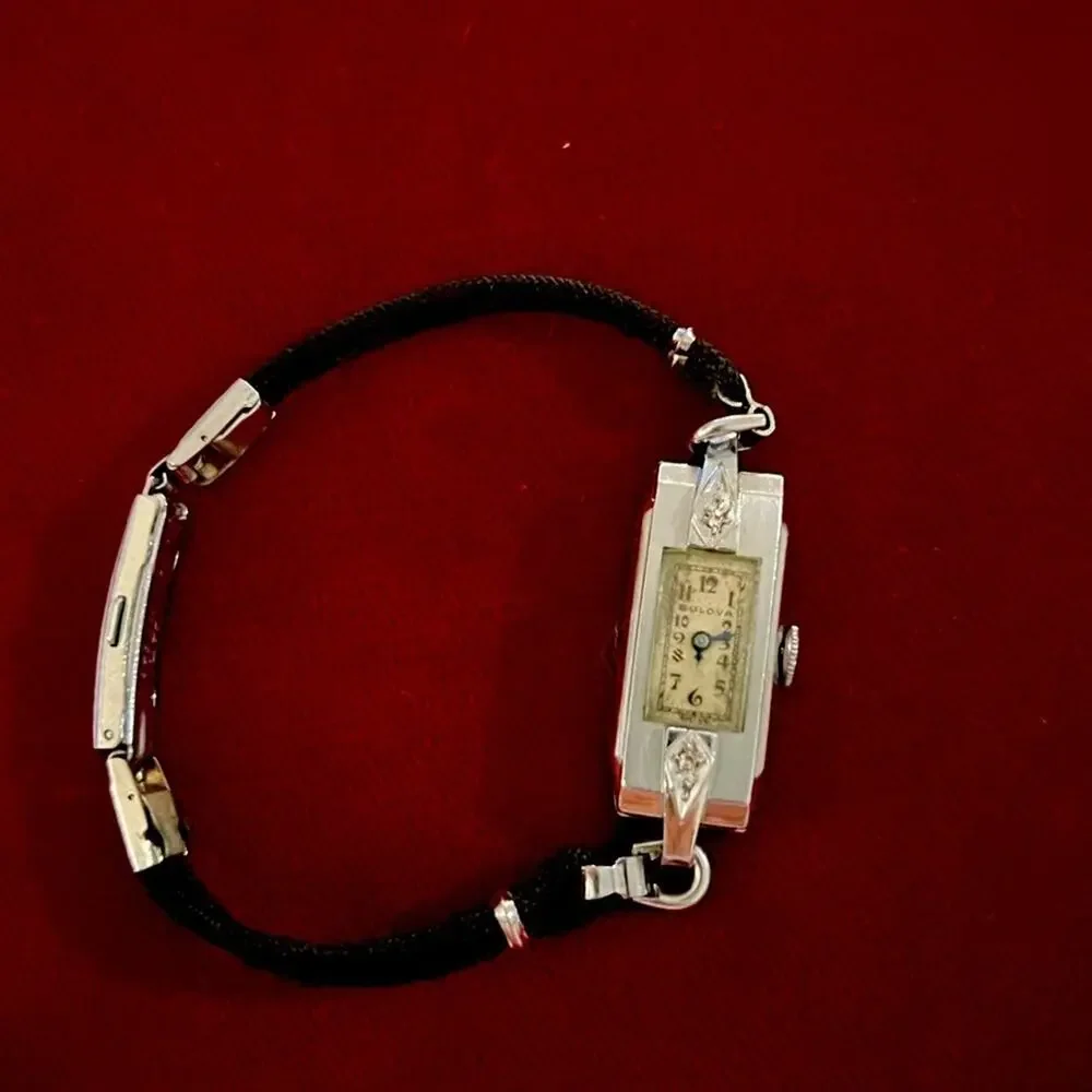 Vtg Bulova 1934 MISS LIBERTY Lady Deco Rectangle Manual Wind Watch 2 Diamond